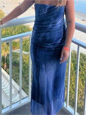 Zara Strapless Navy Satin Ruched Midi Dress